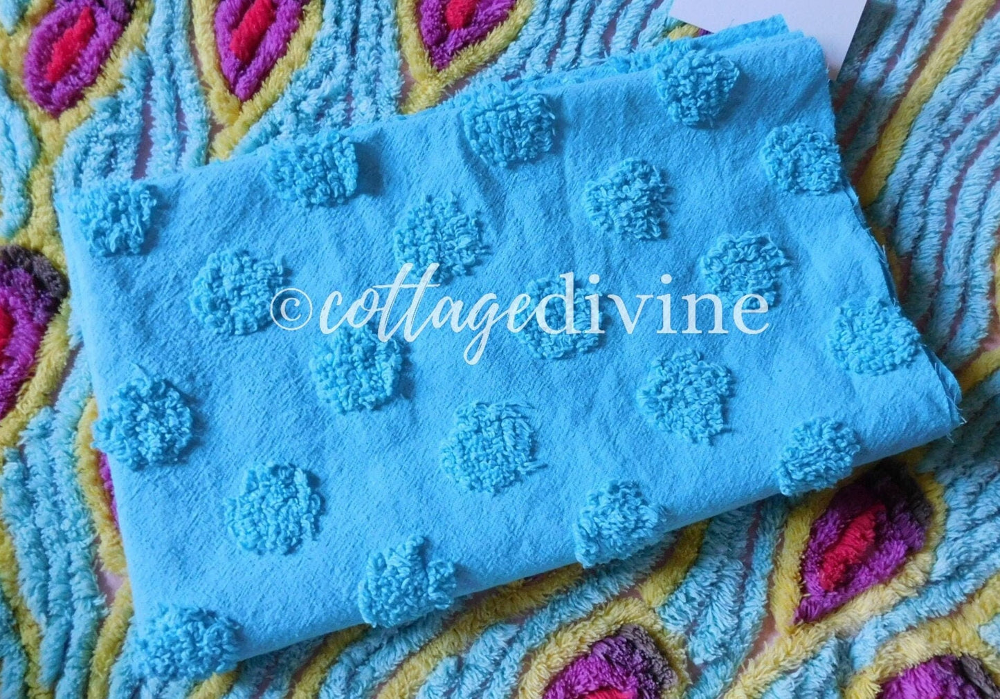 Jumbo Aqua Coin Pops Vivid Vintage Style Chenille Quilt Fabric Piece, 16" x 20" inches