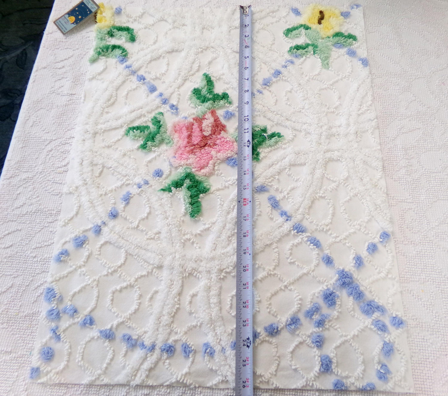 rose cottage vintage chenille fabric, floral design on white, 19" x 25" cut piece for arts & crafts