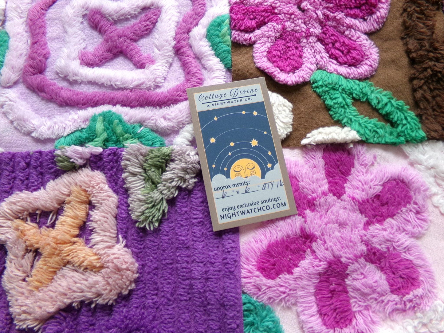 mystic moon vintage 6" chenille squares, set of 16 quilt blocks rotary cut from vintage chenille bedspread fabrics for quilt inlays, pillows