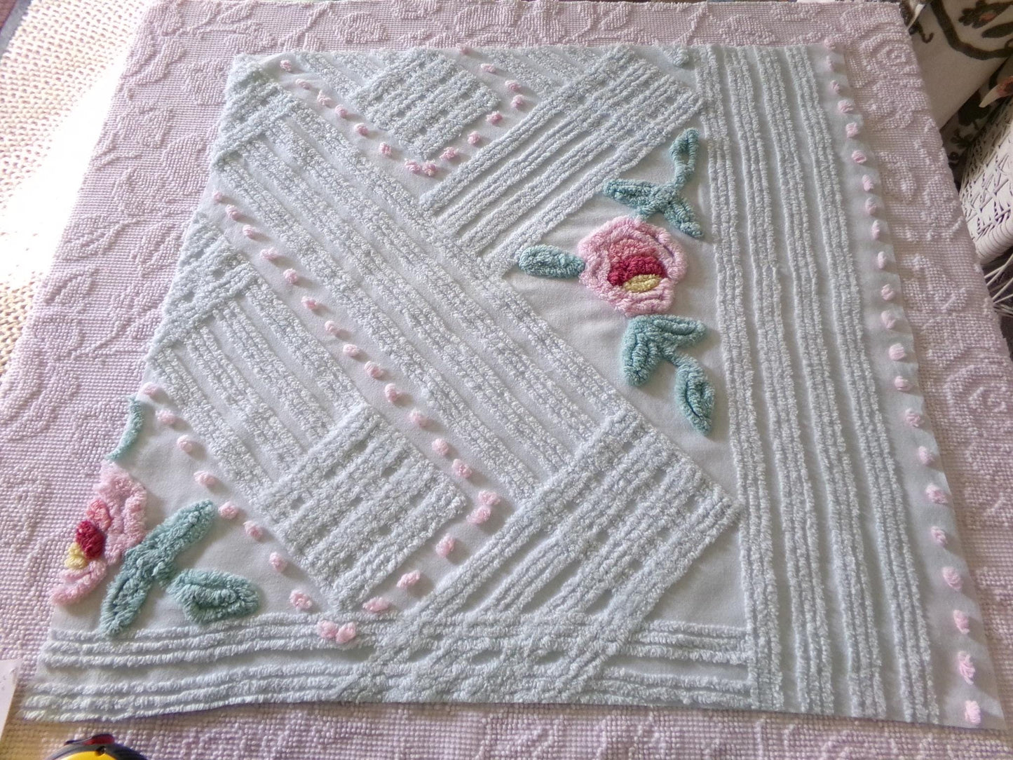 Rose Aqua Mist Vintage Chenille Fabric, 25" x 24" Piece, 100% Lightweight Cotton, Lovely Simple Floral Geometric Design
