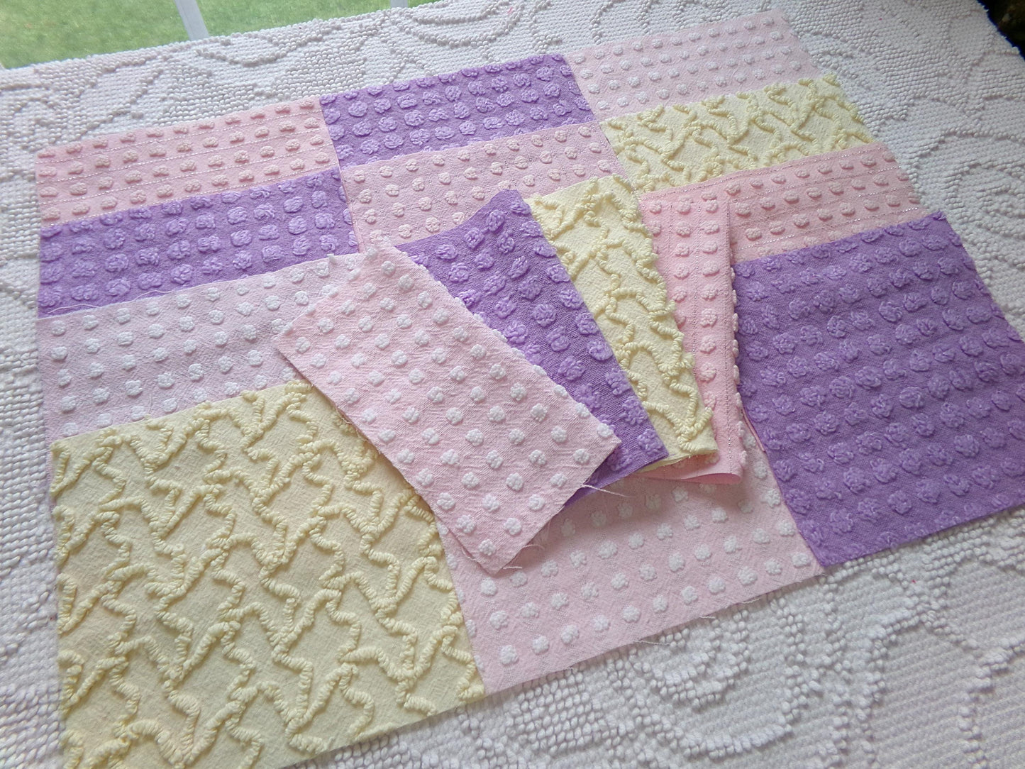 fairy magic 6" chenille fabric squares, set of 16 pink, yellow & lavender quilt blocks for quilting, sewing, crafts