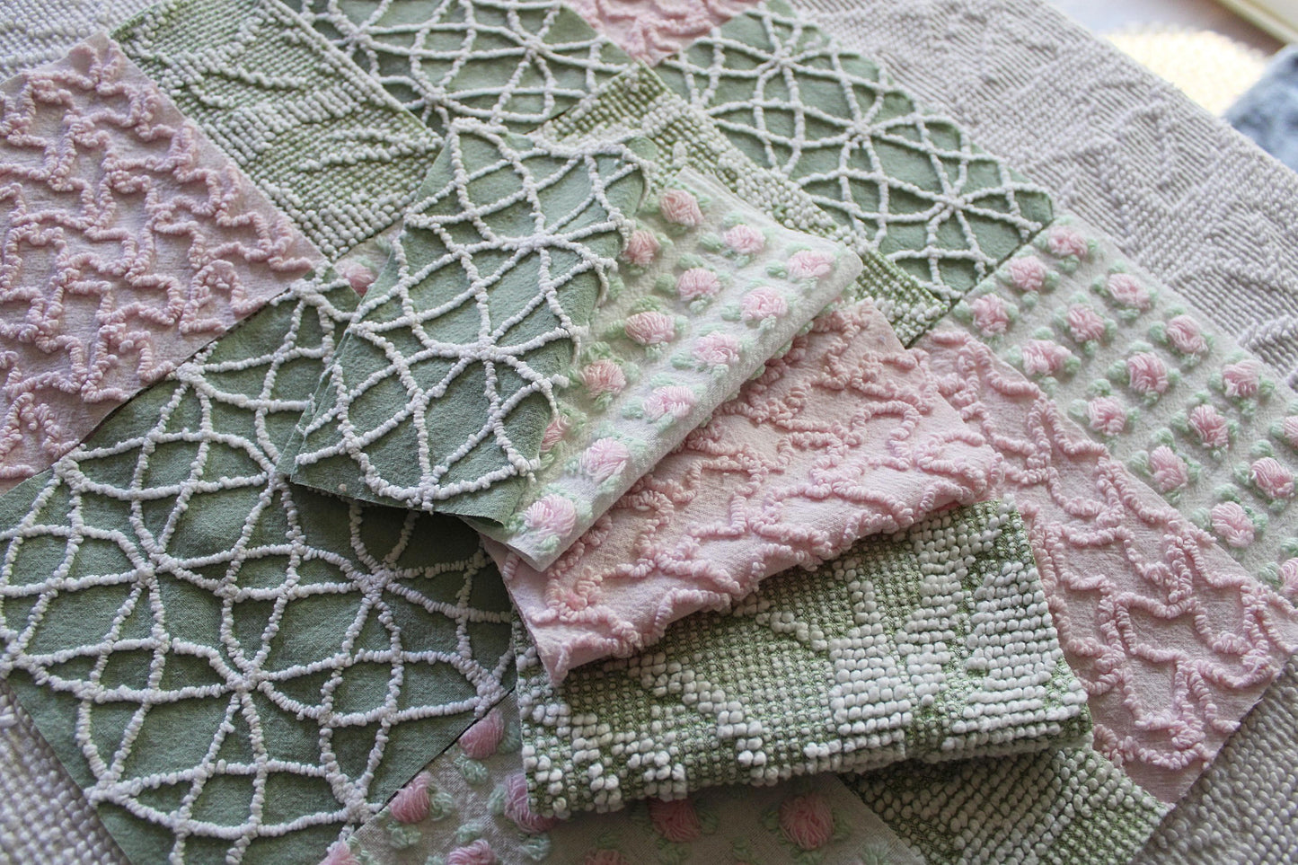 rosy romance chenille fabric squares, set of 16 vintage quilt blocks 6" inches ea, squiggle, hobnail, rosebud texture in jade & pink rose