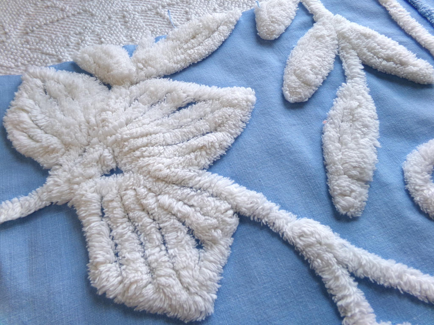 botanical white lily vintage chenille fabric, soothing blue 15" x 22" piece of sewing material for quilting and crafts