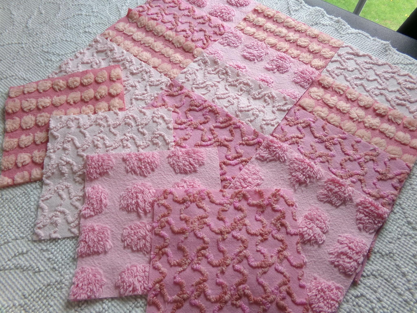 perky pinks chenille fabric squares, 16 vintage 6" quilt blocks in pops & squiggle texture, for sewing, crafts, fiber arts