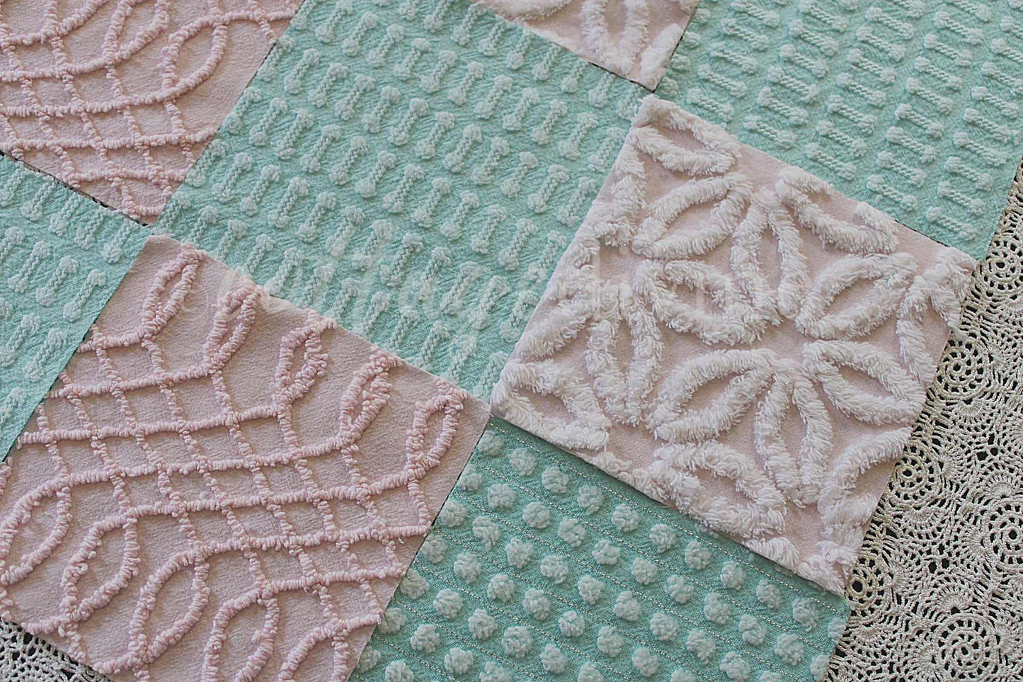 Pink & Aqua Chenille Quilt Squares Set, Rotary Cut from Vintage Chenille Bedspread Fabric, 16 Blocks, 6" x 6" inch each