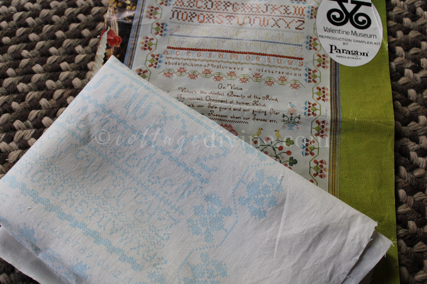 Rare VIRTUE Embroidery Sampler, Paragon Needlecraft Valentine Museum Reproduction, Vintage Cross Stitch Stitchery Kit # 0609, Belgian Linen