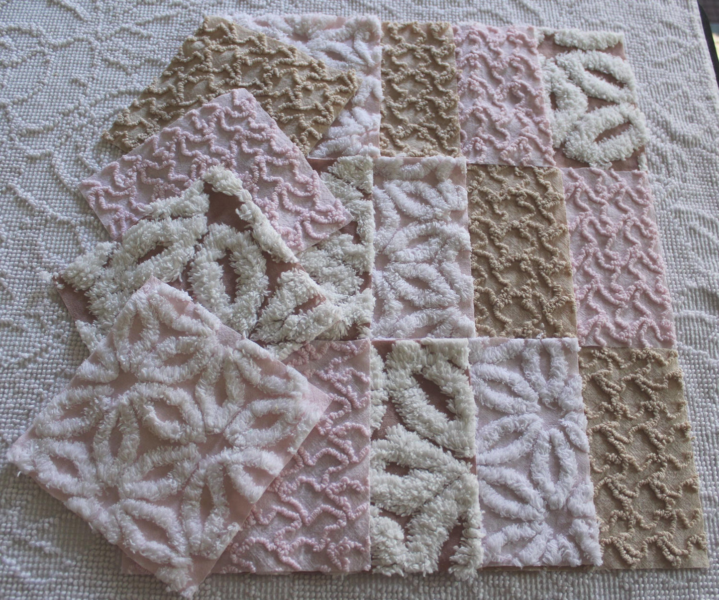 modern mocha pinks chenille fabric squares, set of 16 vintage quilt blocks 6" inches ea, daisy & squiggle texture