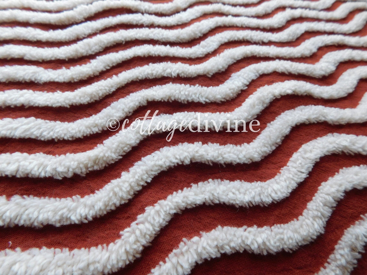 Rich Rust & White Ripple Stripes Vintage Chenille Fabric, 18" x 24" inch Piece, Great for Boho Quilts, DIY Pillows, Junk Journals