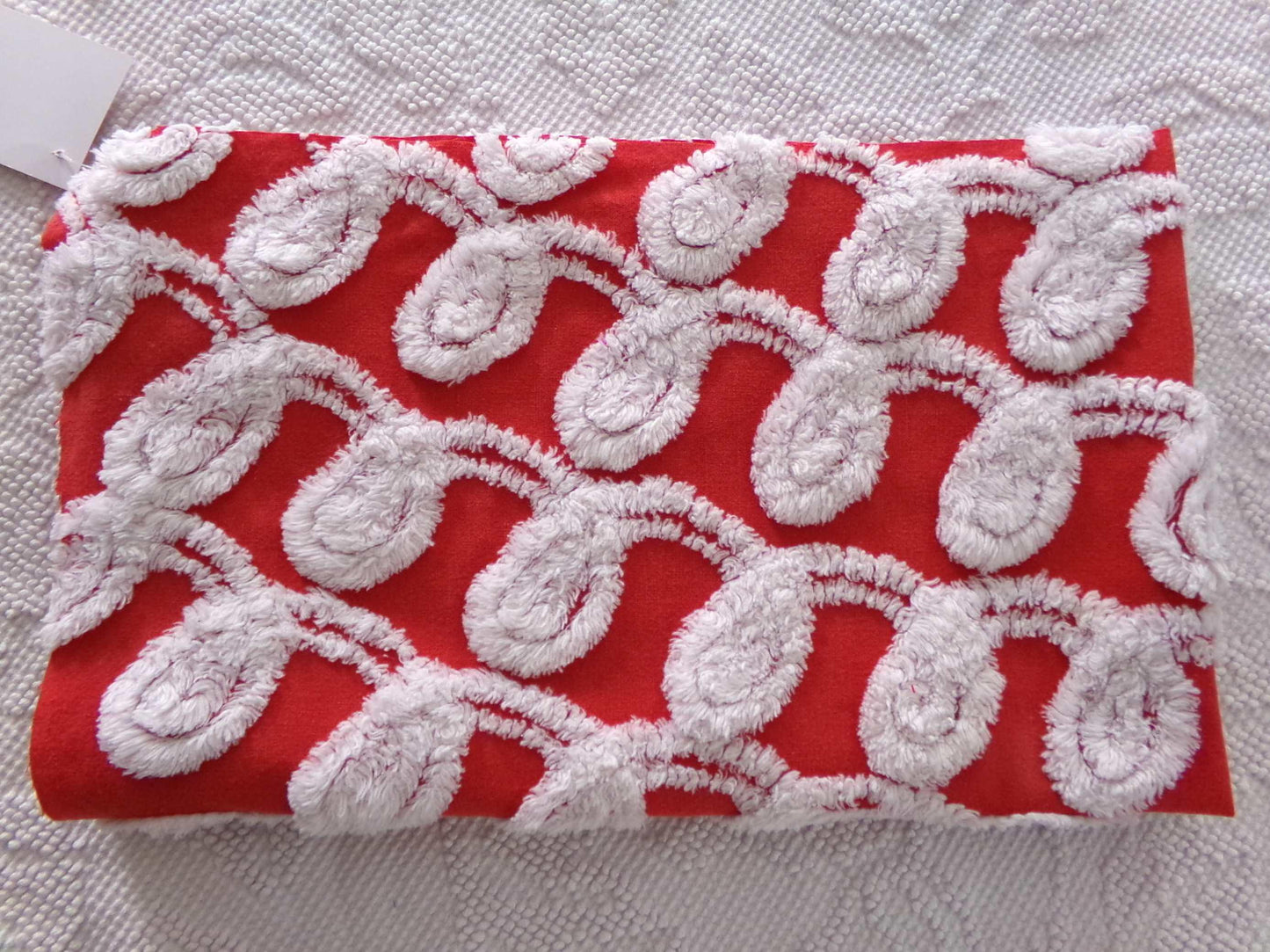 rare white curlicues on red fabric, 15" x 26" inch piece of vintage chenille bedspread material for sewing & quilting