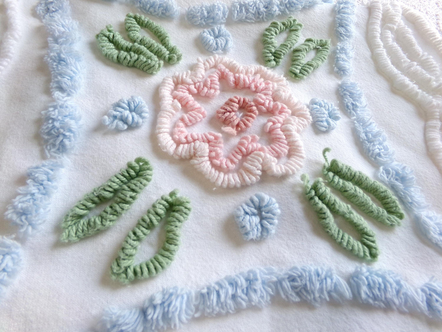 cottage chic vintage chenille fabric: pink & blue floral 24" x 24" cut piece sewing material