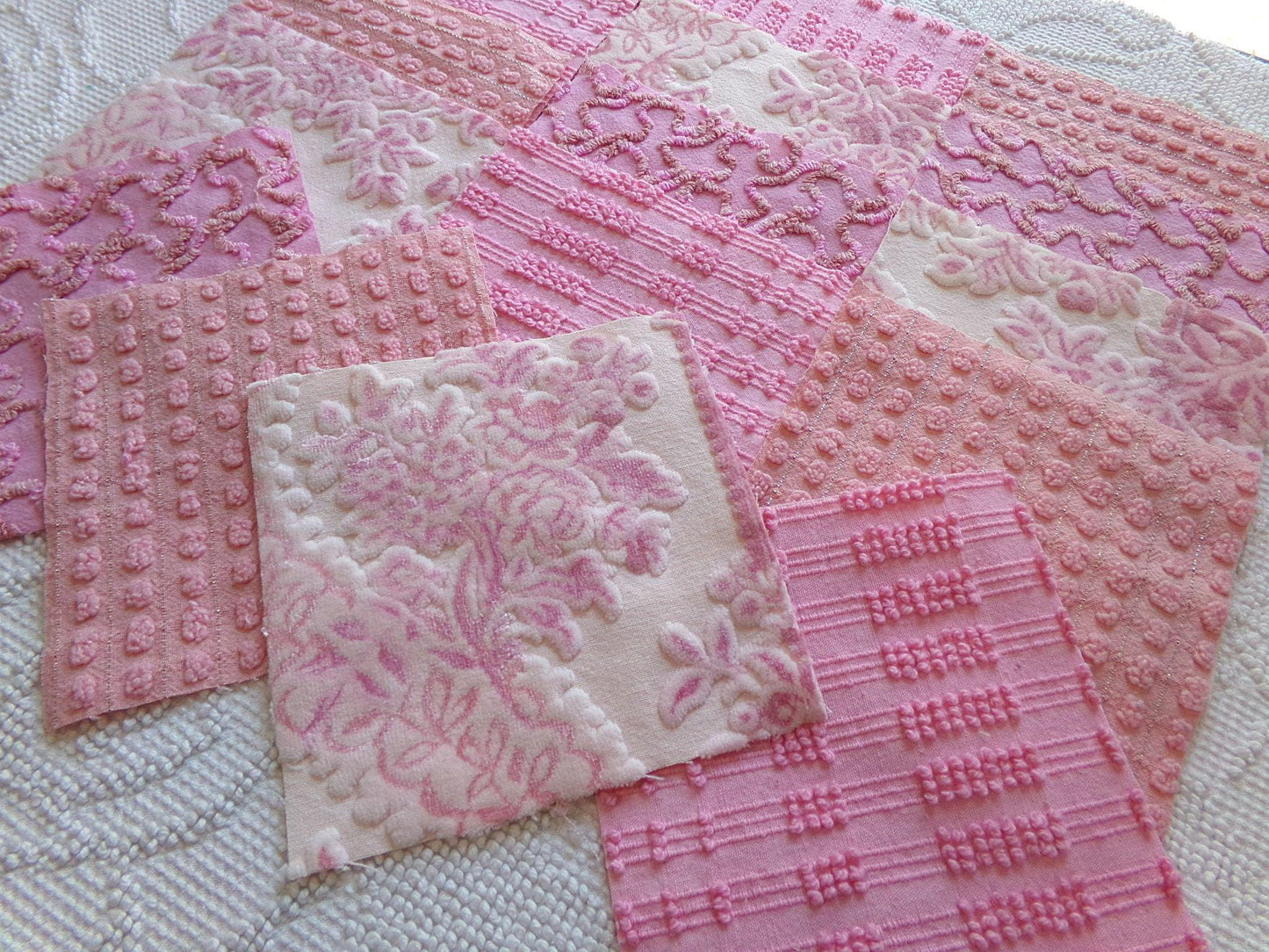 lux pink velvet & chenille fabric squares, set of 16 texturized vintage craft quilt blocks 6" inches for quilt inlays, pillows, fiber arts