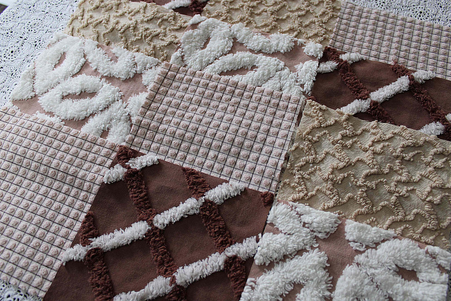 boho browns chenille fabric squares, 16 vintage quilt blocks, 6" x 6" inches ea, great for hippie inspired craft projects