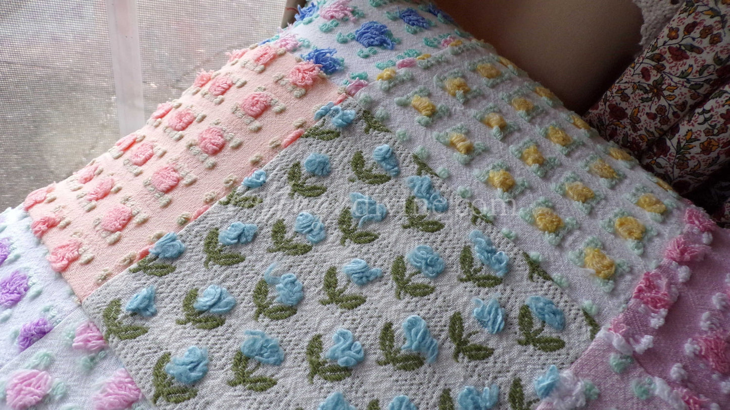 PATCHWORK Roses Floral Chenille Pillow Cover 16" x 16" inch Square, REVERSIBLE Accent Pillow Designed from Vintage Chenille Bedspread Fabric