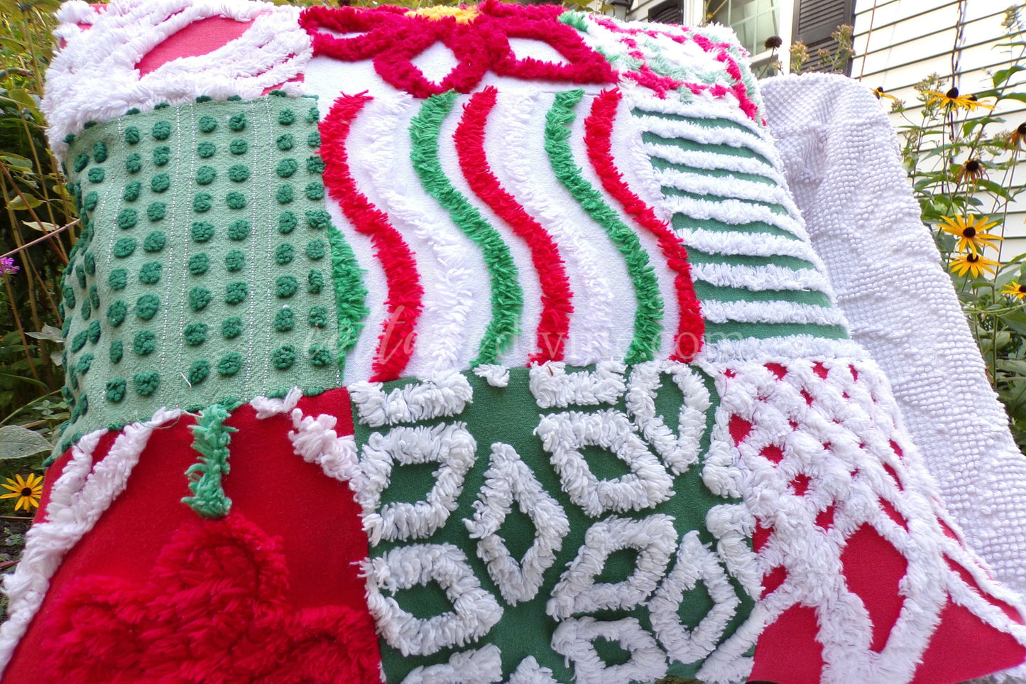 Christmas Patchwork Chenille Pillow Cover 16" x 16" inch Square, REVERSIBLE Accent Pillow Designed from Vintage Chenille Bedspread Fabric