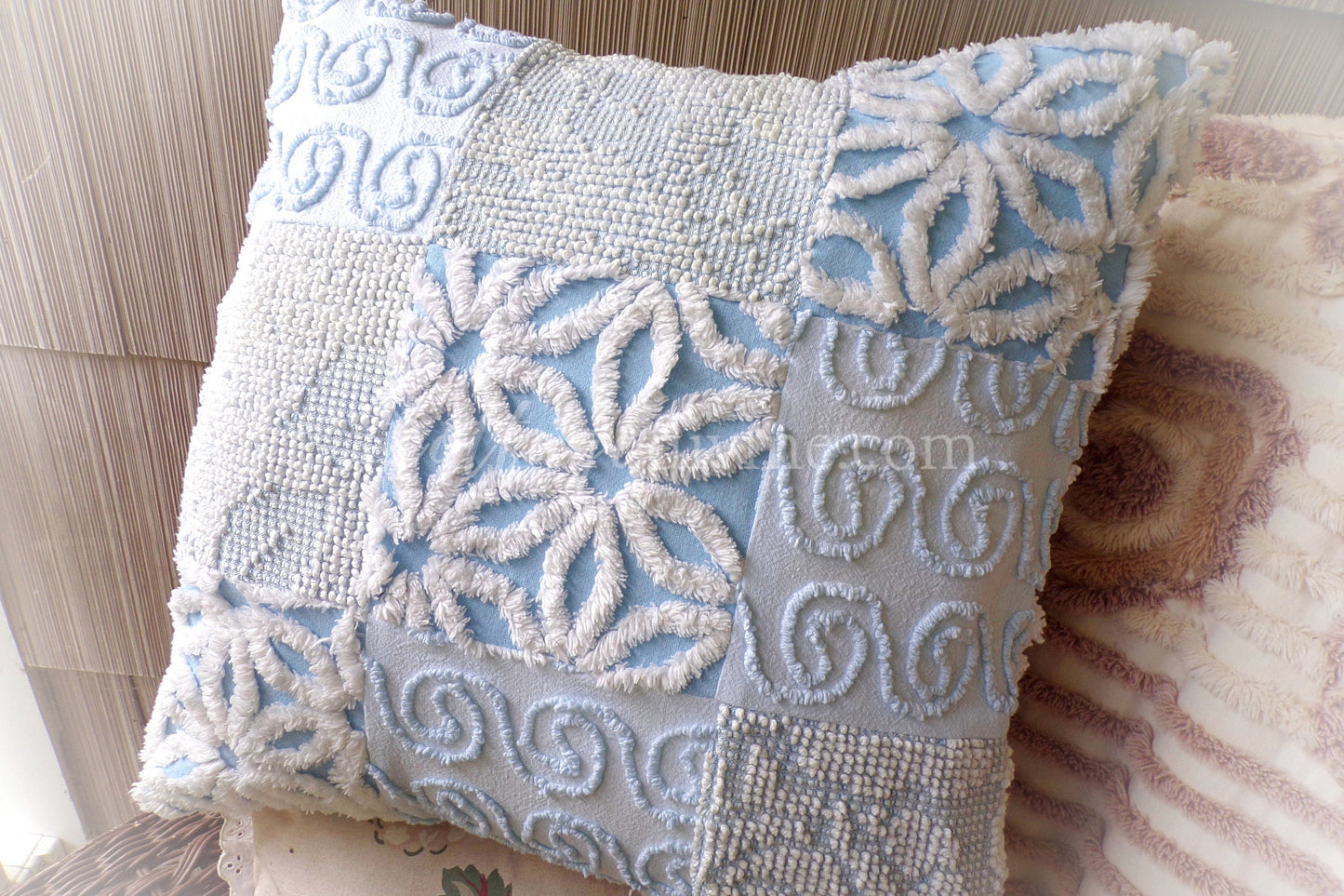 Beach Cottage Chenille Pillow Cover 16" x 16" inch Square, REVERSIBLE Patchwork Blue Accent Pillow from Vintage Chenille Bedspread Fabric