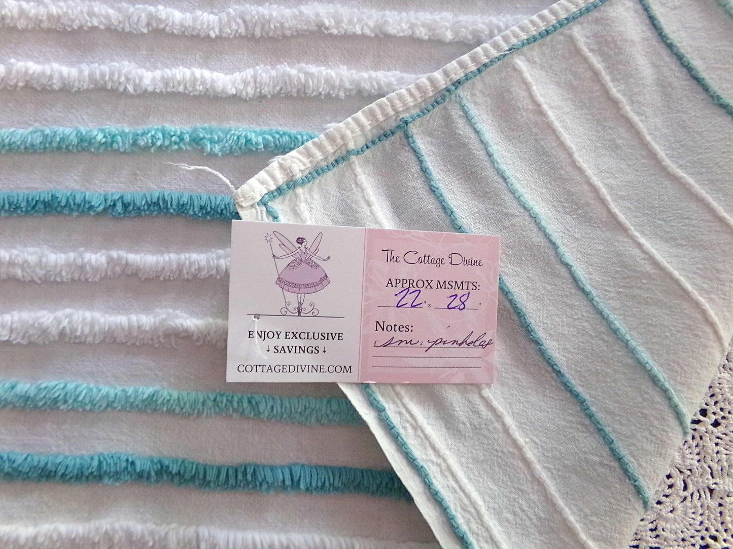 Cute Green Bows Vintage Chenille Fabric, 22" x 28" inch Piece, 100% Cotton, Midcentury Tonal Teal & White