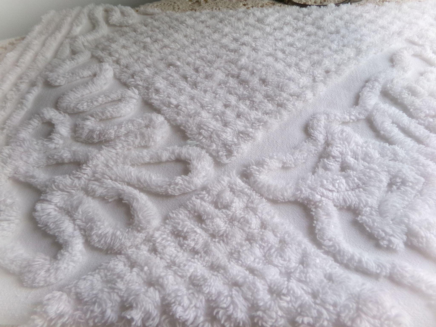 soft white lily chenille fabric, elaborate squiggle floral grid design, 20" x 25" inch piece shabby vintage cotton sewing & quilt material