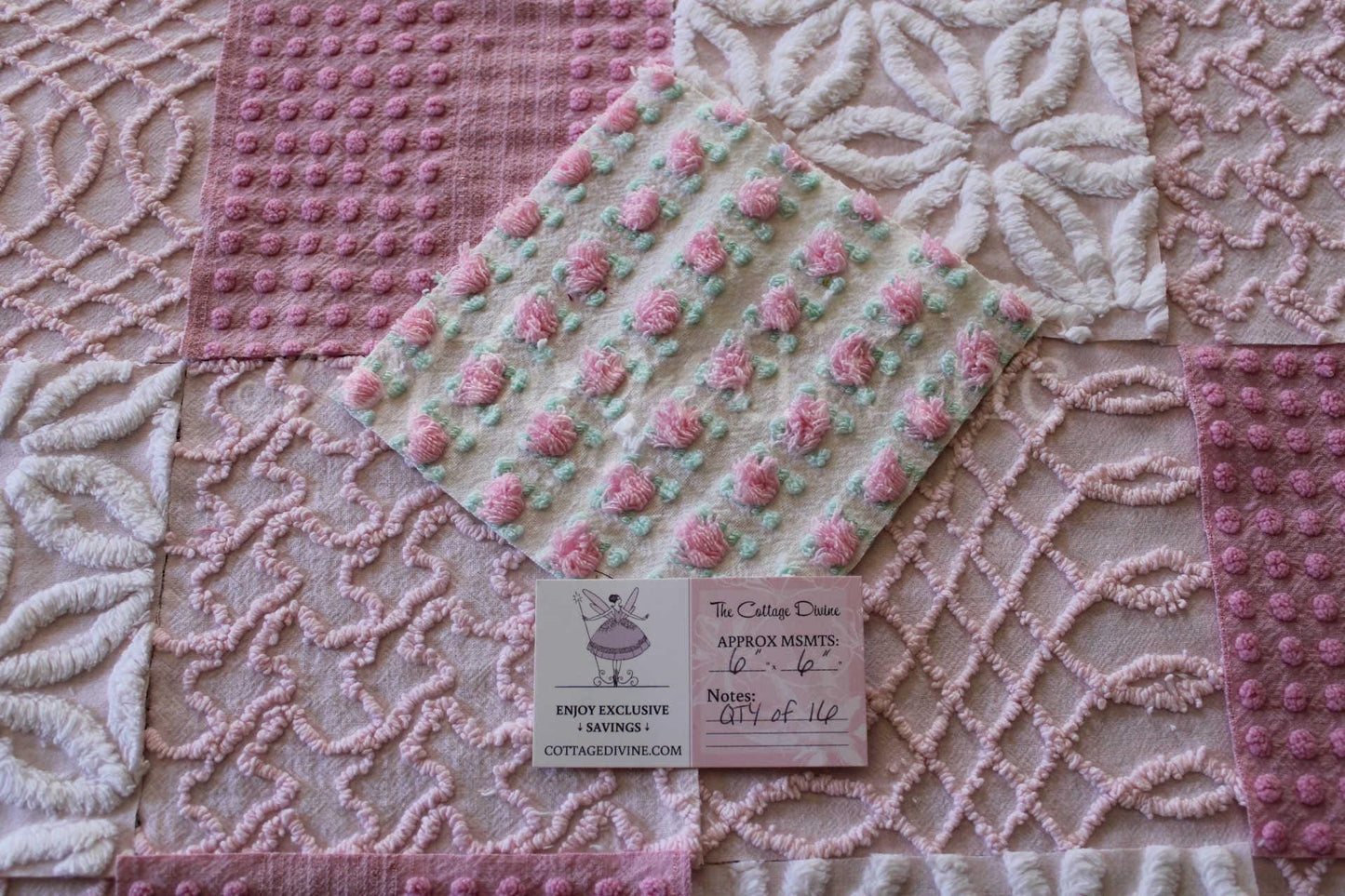 Prettiest Pink Quilt Squares, Daisy Rose Craft Square Set from Vintage Chenille Bedspread Fabric, 17 Blocks, 6" x 6" inch