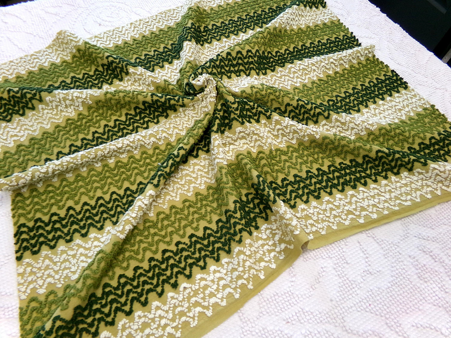groovy green zig zag vintage chenille fabric, earthy avocado, olive textured pattern, 18" x 24" cut piece for arts & crafts