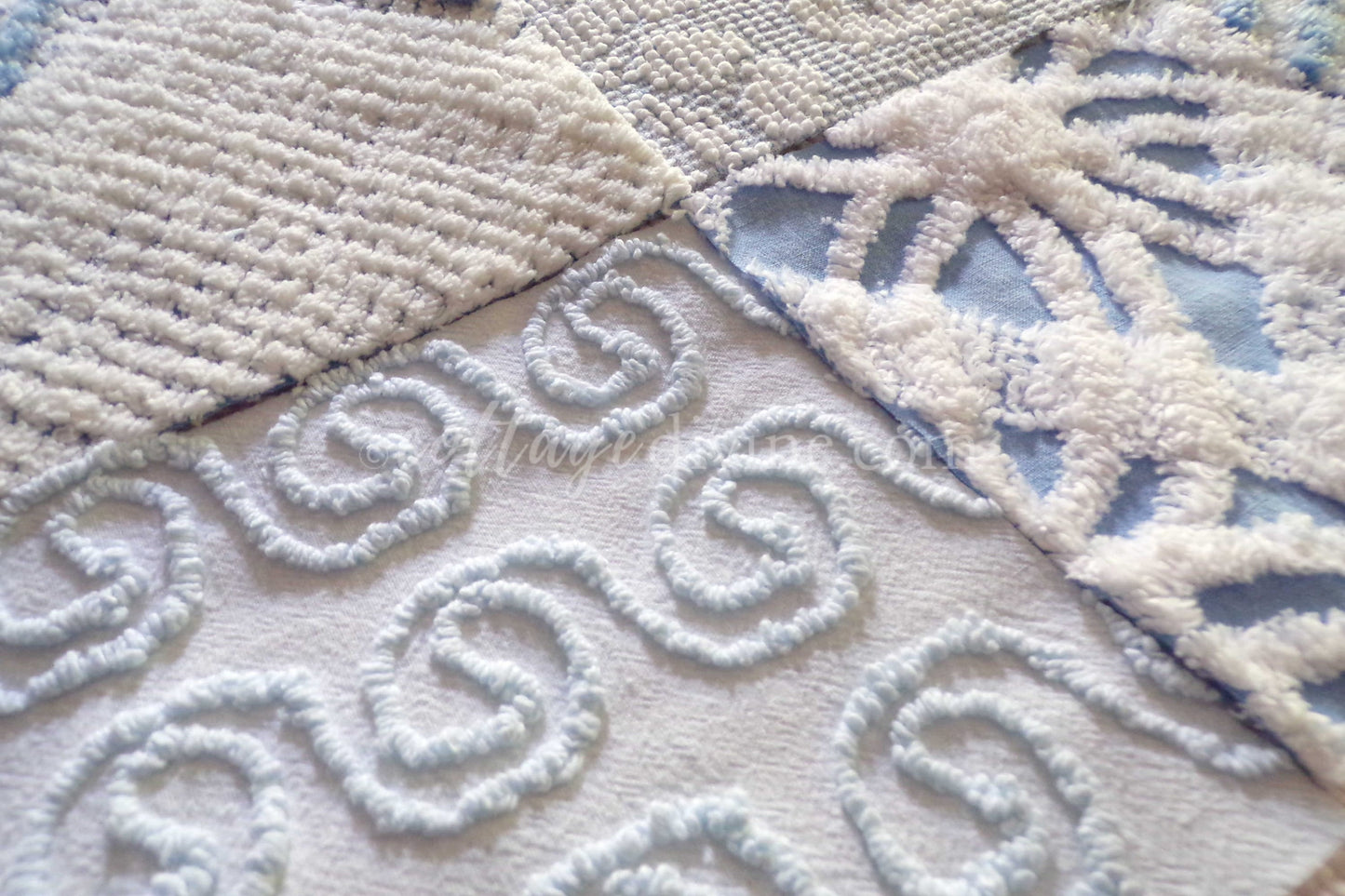 Boho Blues Fabric Squares Set, from Vintage Chenille Bedspread Fabrics, 16 Blocks, 6" x 6" inch
