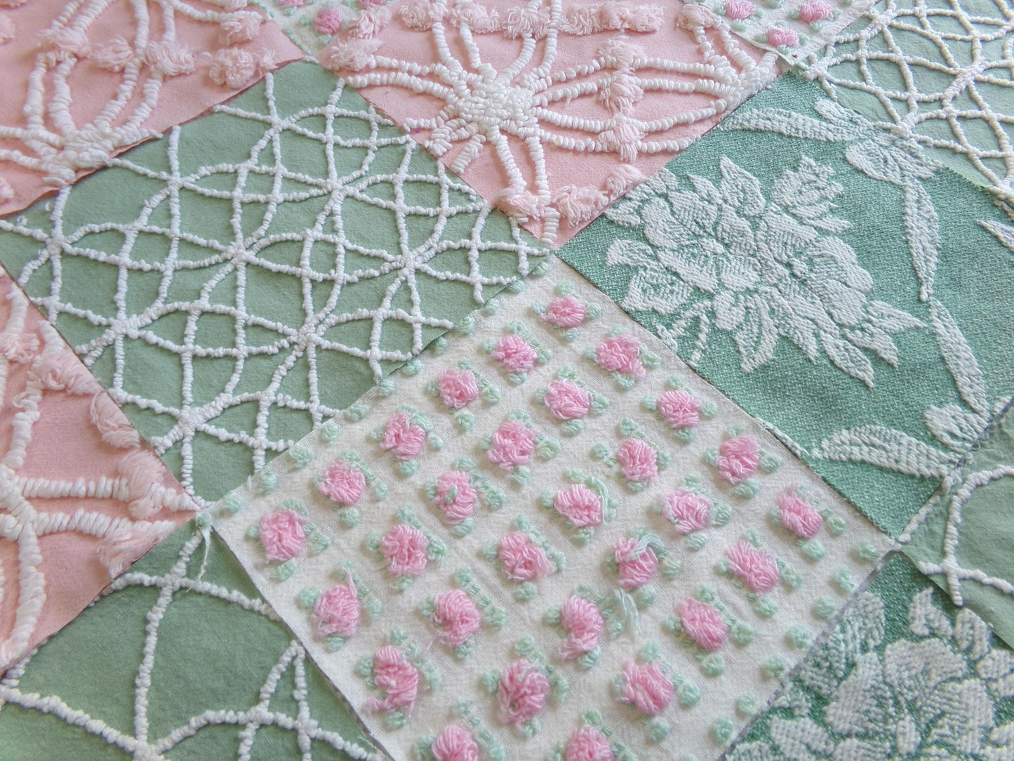 enchanted garden vintage woven & chenille fabric squares, set of 16 pink jade 6" quilt blocks for crafts, sewing, diy pillow covers