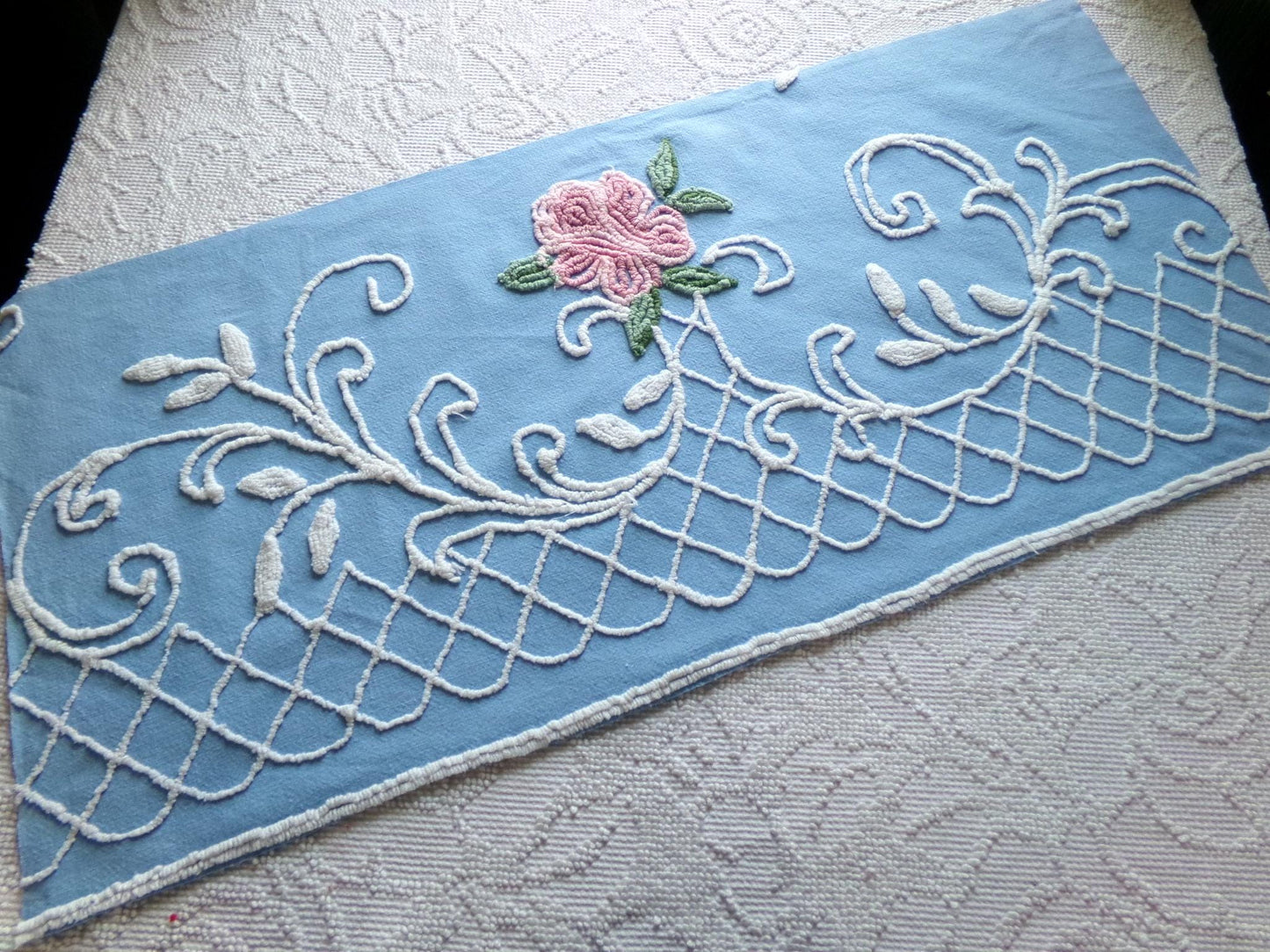 enchanted pink rose vintage chenille fabric, blue floral sewing material, 15" x 30" inch piece for wallhanging, quilts, fiber arts