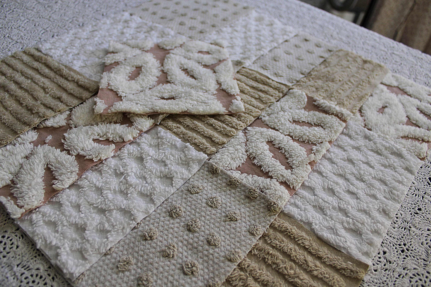 Chenille Fabric Squares, Neutral Sand, Tan & White Craft Square Set from Vintage Bedspread Fabric, 16 Blocks, 6" x 6" inch