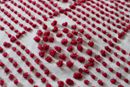 ruby slippers red vintage chenille fabric with diamond circle popcorn puffs, 21" x 27" inches, 100% antique cotton sewing material