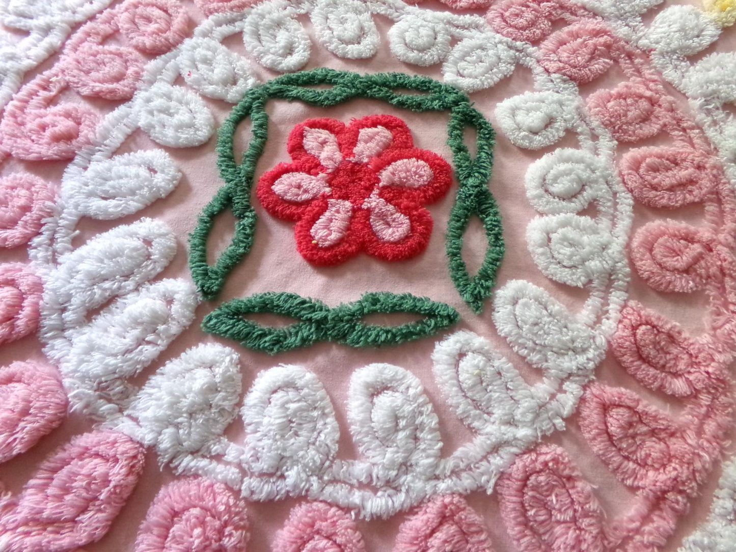 pink & white frosted cake chenille fabric, vintage 1950s sewing material for quilting and crafts, 24" x 23" inch piece with single rose