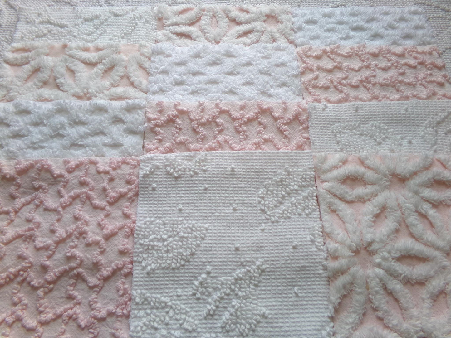 pink & white vintage 6" chenille squares, set of 12 quilt blocks in a lovely selection of popular patterns for sewing, crafts