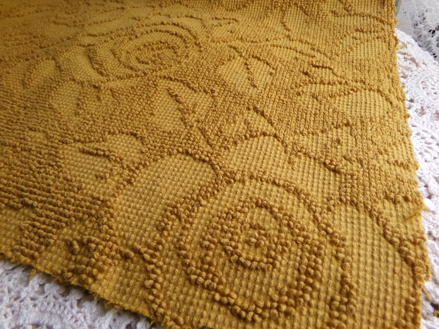 boho rose hobnail chenille fabric, vintage saturated retro harvest gold woven sewing material with pom pom trim 20" x 24" inch reversible pc