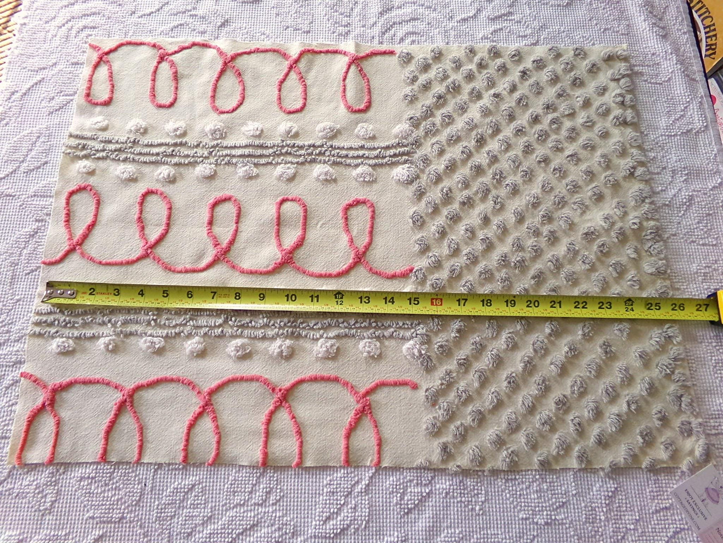 red doodles sewing fabric, retro design with grey pops on buttercream, 18" x 24" inch piece cut from a vintage chenille bedspread