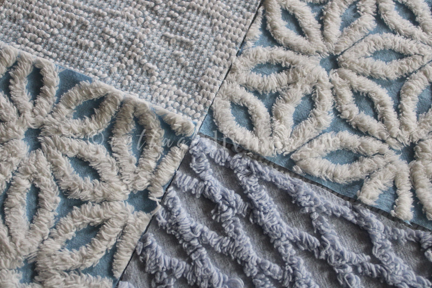 COOL COASTAL Chenille Quilt Squares Set, from Vintage Bedspread Fabric, 16 Blocks, 6" inch