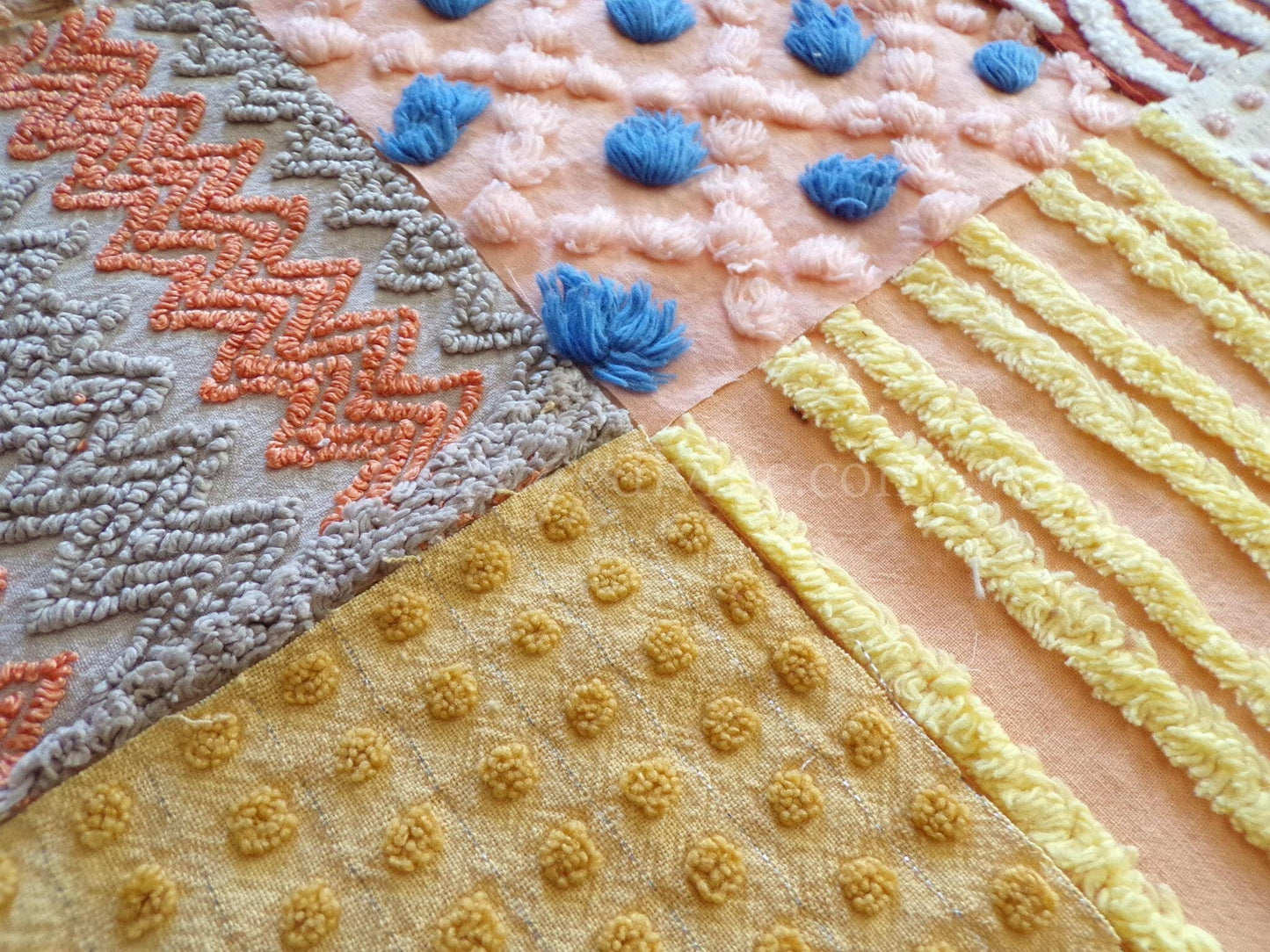 Southwestern Sunrise Chenille Quilt Squares Set from Vintage Bedspread Fabric, 16 Blocks, 6" x 6" inches each, Earthtones