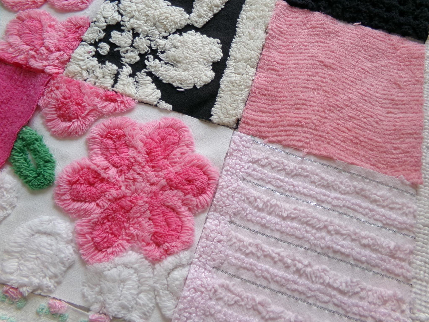 french cafe chenille squares, set of 16 vintage pink & black 6" fabric blocks, chic designs for quilt inlays, pillows, fiber arts