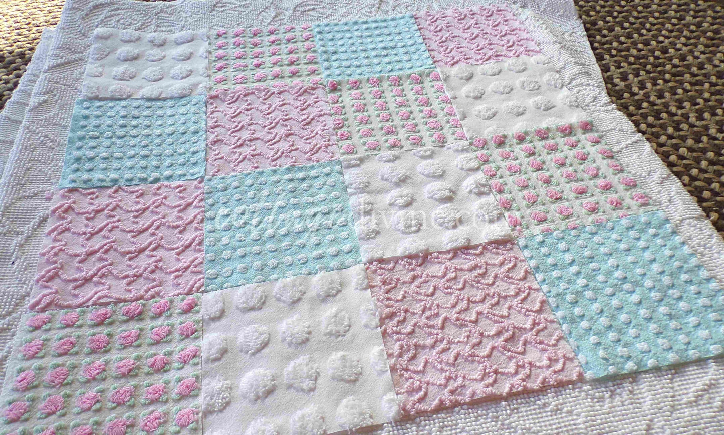 Classic Cottage Chic Chenille Quilt Squares Set from Vintage Bedspread Fabric, 16 Blocks, 6" x 6" inch, Pretty Pink Rosebud, Aqua & White