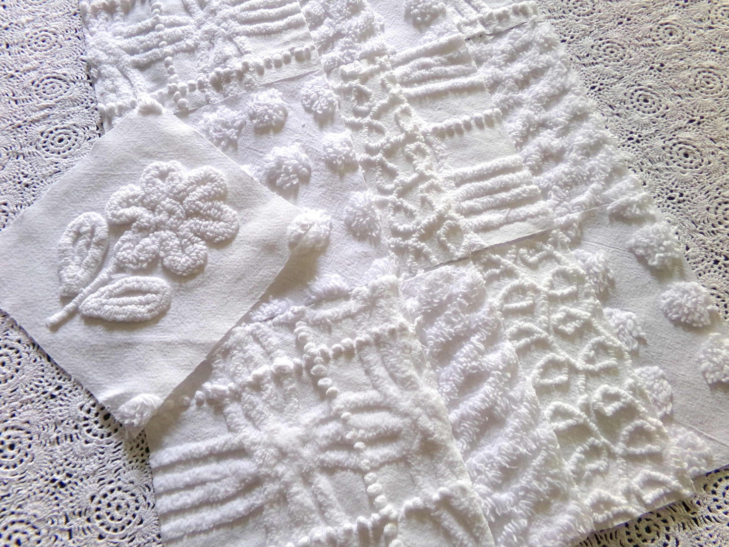 Snowy Whites Chenille Quilt Squares Set from Vintage Bedspread Fabric, 17 Blocks 6" x 6" inch, Pops, Squiggles, Lattice & a Daisy