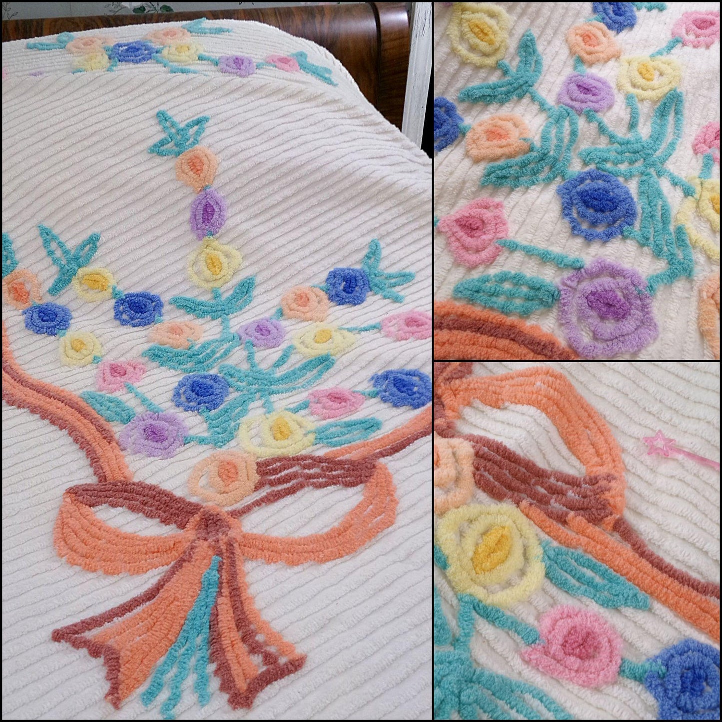 granny's cottage full size chenille bedspread, old-fashioned flower bouquets on cream, vintage style bedding