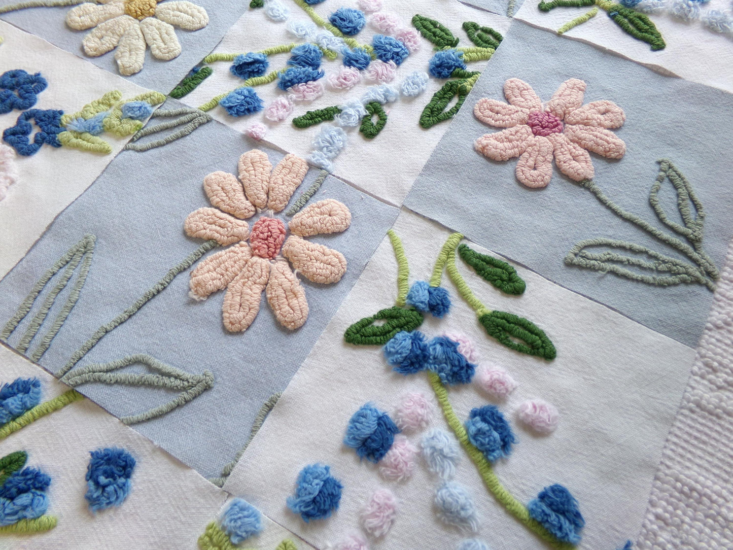 vintage chenille fabric squares, "barefoot in the meadow" set of 16 floral 6" quilt blocks in sky blue daisy, lupine flowers & roses