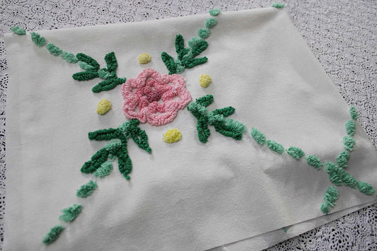 simple floral vintage chenille fabric, 32" x 23" cut piece, jadeite & white pops with pink rose flower, lightweight cotton