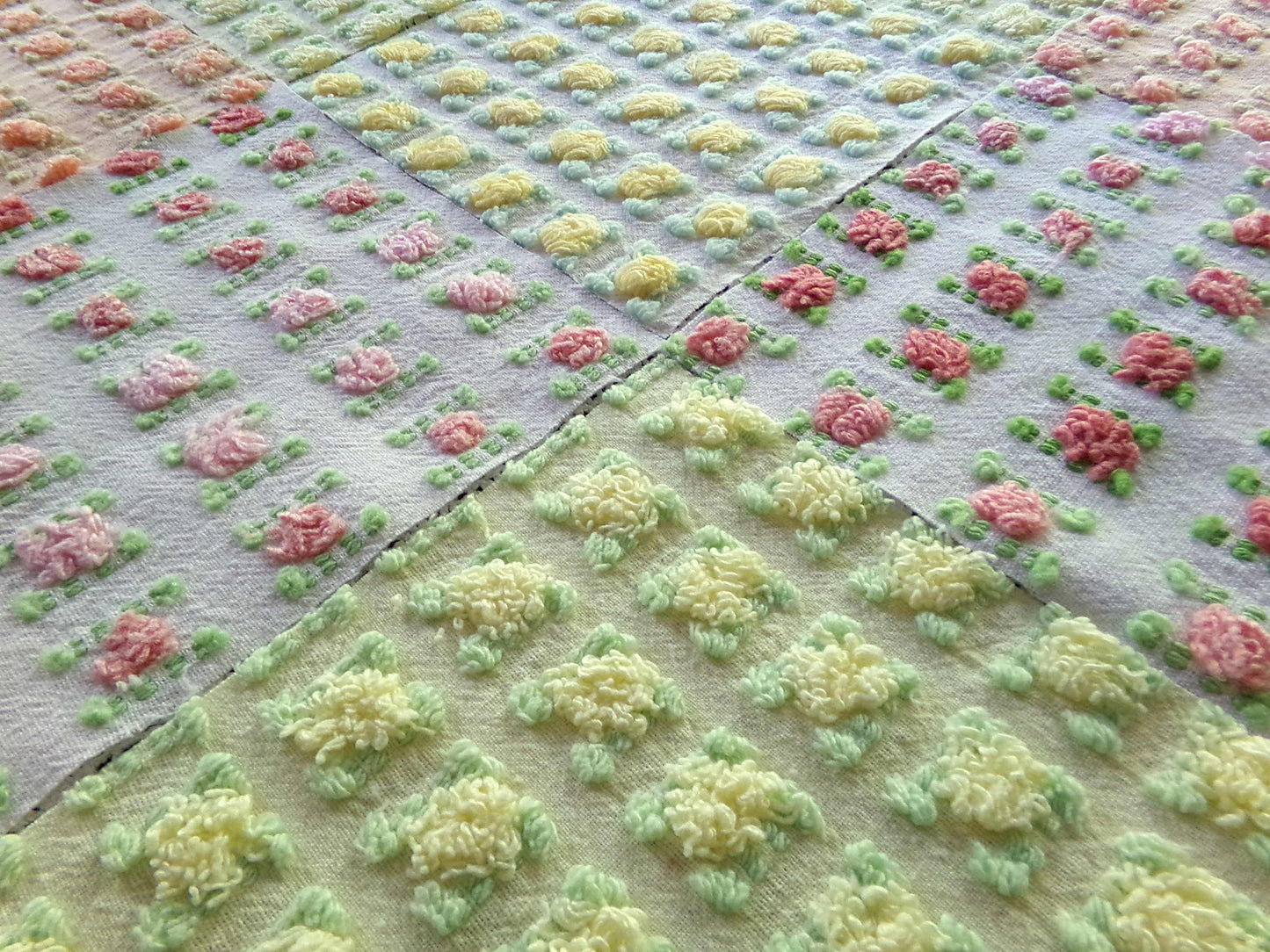 Sunrise Rosebud Chenille Quilt Squares Set, from Vintage Bedspread Fabric, 16 Blocks, 6" inch, in Yellow, Peach, & Ombre Pink Roses