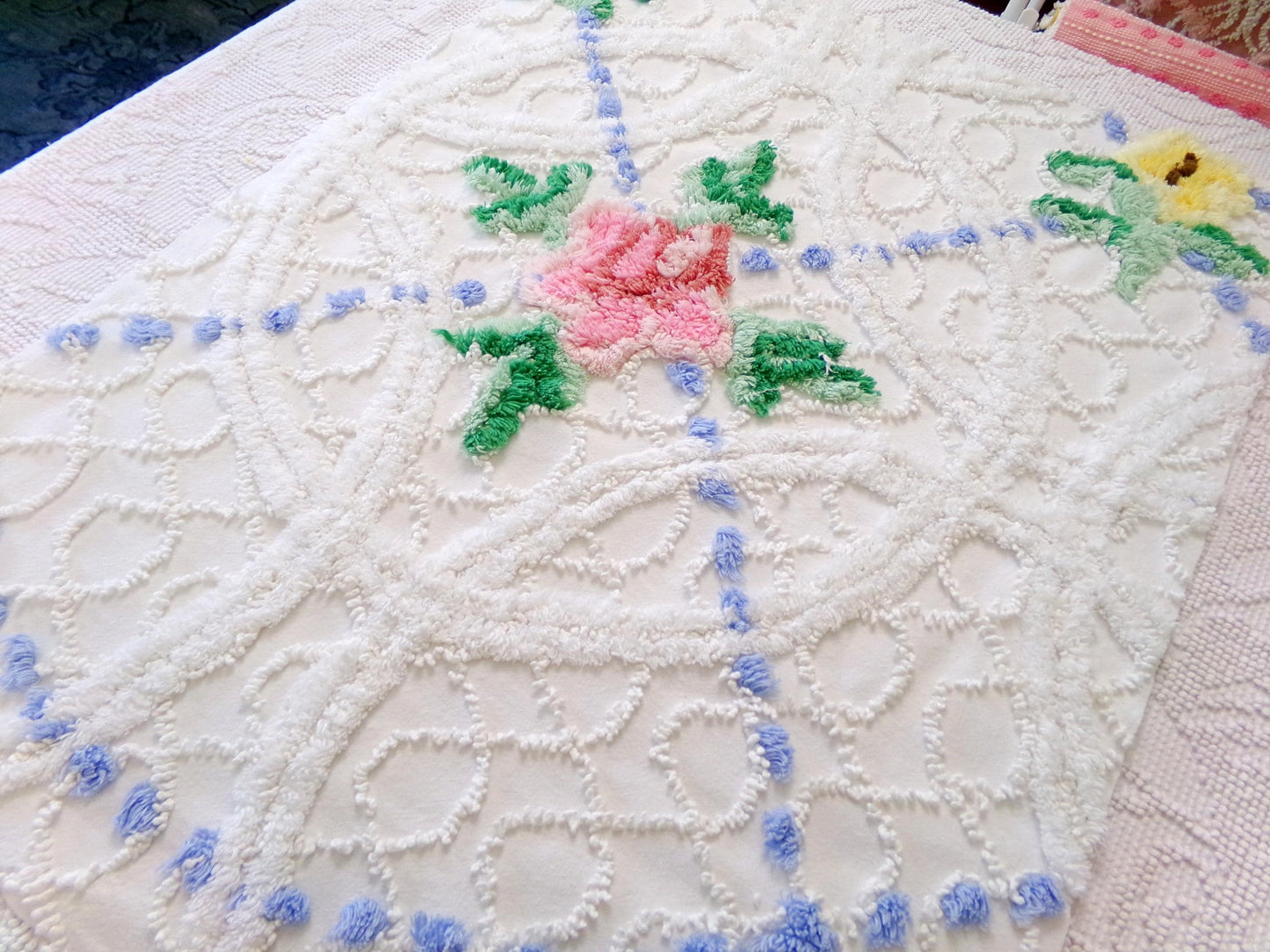 rose cottage vintage chenille fabric, floral design on white, 19" x 25" cut piece for arts & crafts