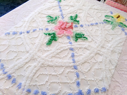 rose cottage vintage chenille fabric, floral design on white, 19" x 25" cut piece for arts & crafts