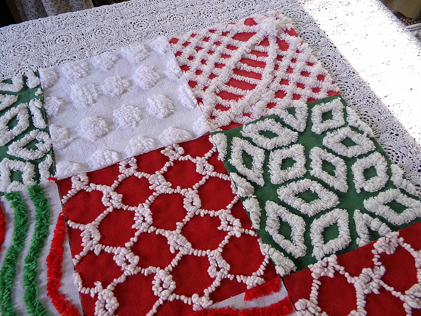 Christmas chenille fabric squares, red, white & green, 16 vintage quilt blocks 6" x 6" inch, for xmas stockings, pillows, quilting, crafts