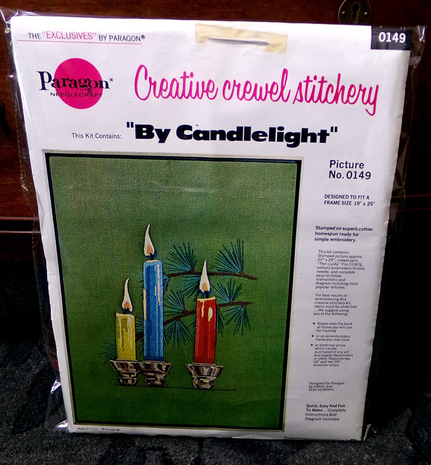 BY CANDLELIGHT Crewel Stitchery Kit, Exquisite Trio of Tranquil Candles on Evergreen Canvas, Vintage 0149 Paragon Needlecraft Embroidery