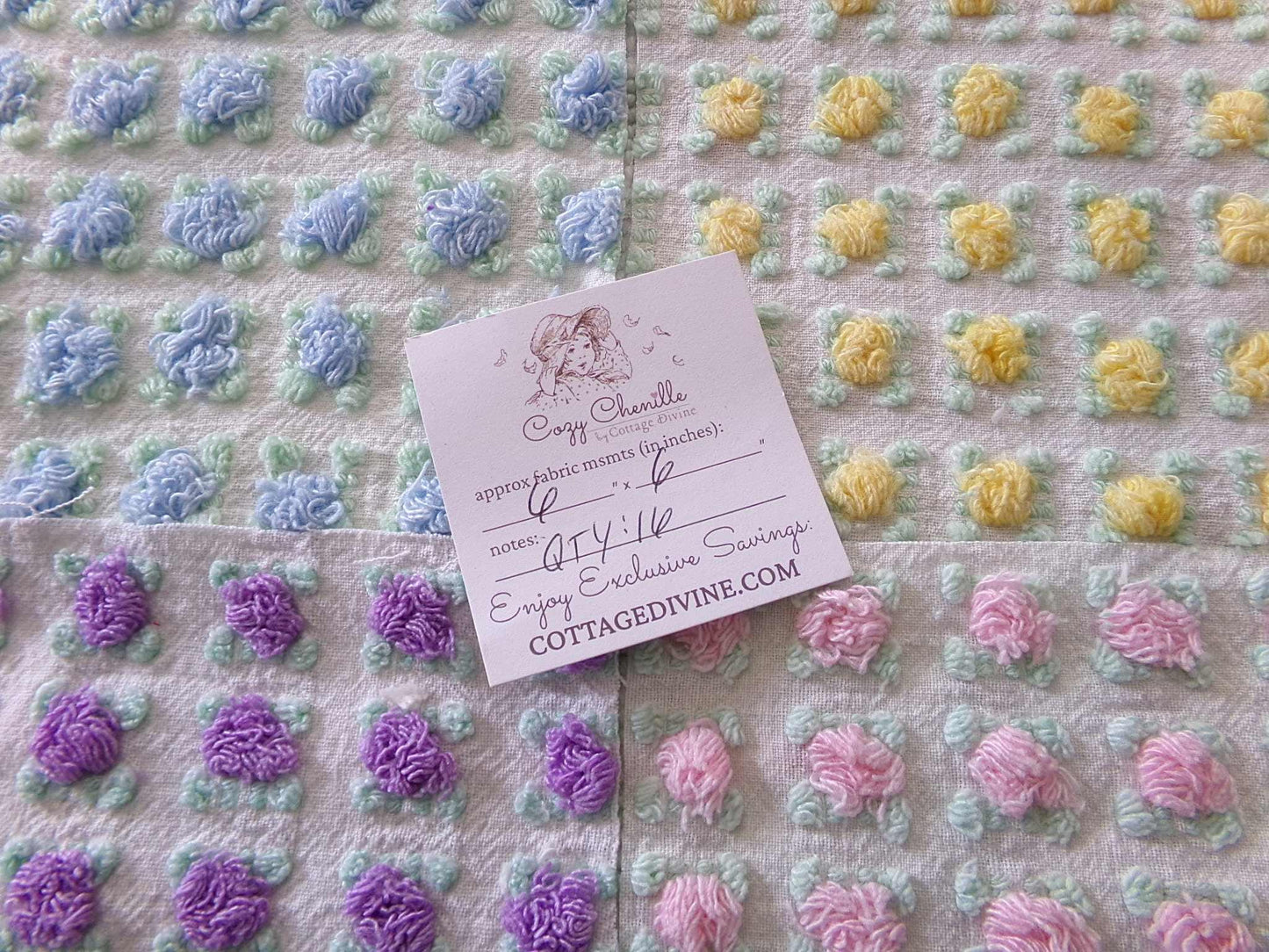 Premium Rosebuds Medley of chenille fabric squares, quilt square set cut from Vintage Chenille Bedspread Fabrics, 16 Blocks, 6" x 6" inch