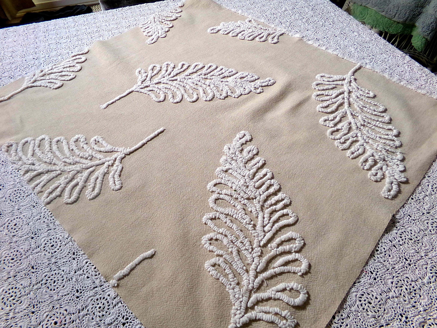 falling leaves vintage chenille fabric, 24" x 21" inch piece, simple shabby needletuft large leaf design on mocha
