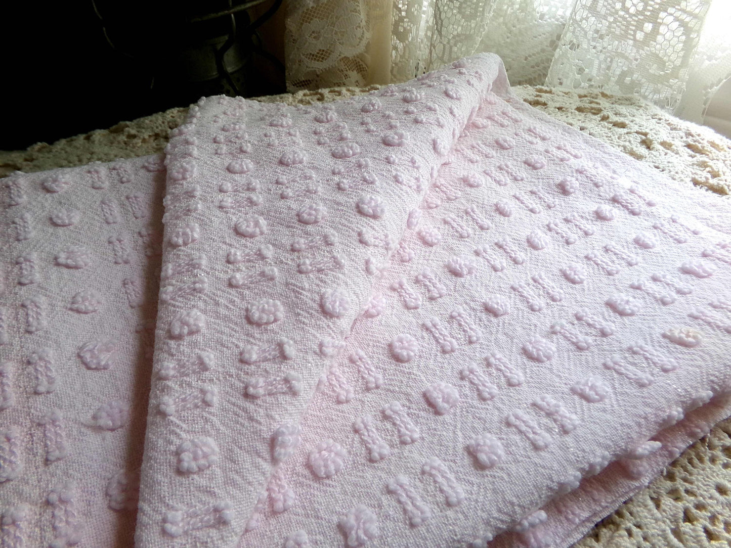 Pink Wink Vintage Chenille Fabric, Cute Tiny Dot Dash Pattern, 18" x 24" inch Piece, for Sewing Material