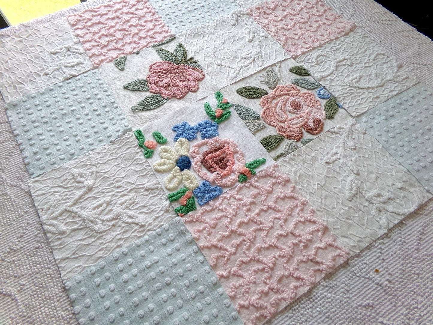 garden beauties vintage 6" chenille squares, set of 16 quilt blocks rotary cut from lovely vintage chenille & matelasse bedspread fabrics