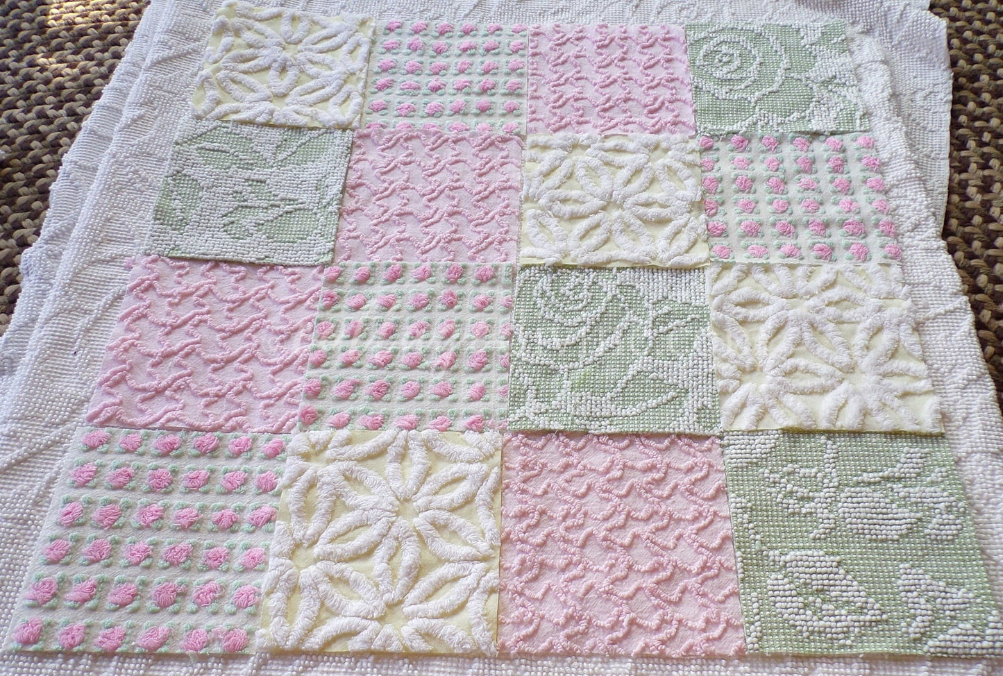 Fresh Flowers Chenille Quilt Squares Set from Vintage Bedspread Fabric, 17 Blocks, 6" x 6" inch